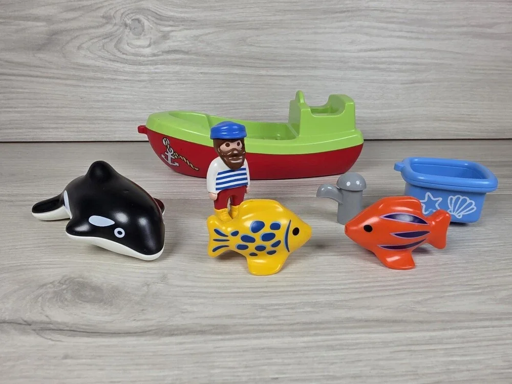 Vtg Playmobil 1.2.3 Sea Life Harbor Boat Orca Fisherman Fish Lot SU4